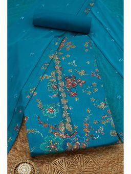 Soch - Womens Turquoise Blue Jam Cotton Floral Printed Unstitch Dress Material With Cutdana