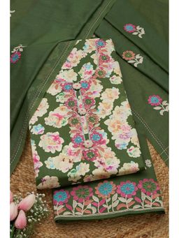 Soch - Womens Green Jam Cotton Floral Printed Unstiched Dress Material With Thread Work