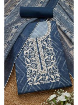 Soch - Womens Indigo Art Silk Embroidered Unstiched Dress Material With Thread Work