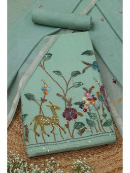 Soch - Womens Sap Green Mul Chanderi Embroidered Unstitch Dress Material with Thread Work