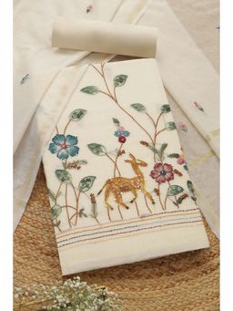 Soch - Womens Cream Mul Chanderi Embroidered Unstiched Dress Material with Thread Work