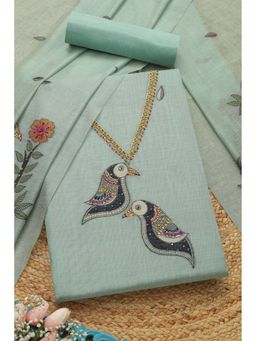 Soch - Womens Turquoise Blue Chanderi Woven Design Unstitch Dress Material with Thread Work