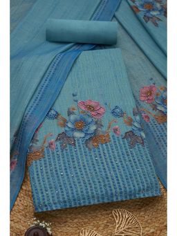Soch - Womens Blue Linen Shimmer Floral Printed Unstiched Dress Material With Thread Work