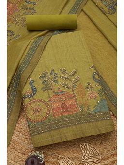 Soch - Womens Light Green Linen Shimmer Embroidered Unstiched Dress Material With Thread Work