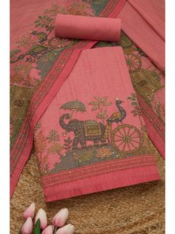 Soch - Womens Pink Linen Shimmer Embroidered Unstiched Dress Material With Thread Work