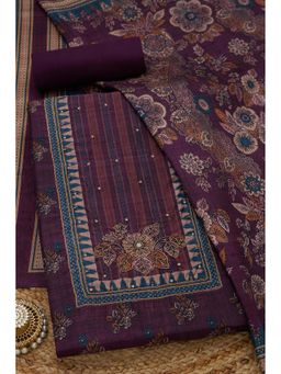 Soch - Womens Wine Art Tussar Floral Printed Unstiched Dress Material With Pearl