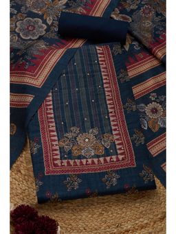 Soch - Womens Navy Blue Art Tussar Floral Printed Unstiched Dress Material With Pearl