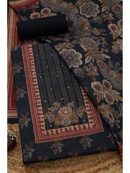 Soch - Womens Charcoal Art Tussar Floral Printed Unstiched Dress Material With Pearl