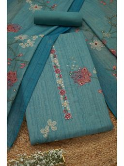Soch - Womens Blue Linen Shimmer Floral Printed Unstiched Dress Material With Thread Work
