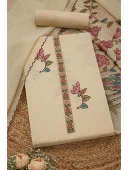 Soch - Womens Cream Linen Shimmer Floral Printed Unstiched Dress Material With Thread Work