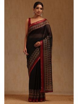 Soch - Womens Black Art Silk Checked Saree with Unstitched Blouse