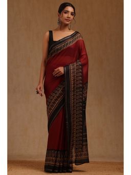 Soch - Womens Maroon Art Silk Checked Saree with Unstitched Blouse