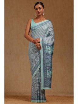 Soch - Womens Blue Art Silk Floral Printed Saree with Unstitched Blouse