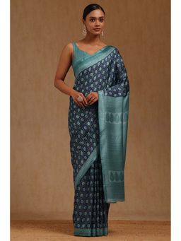 Soch - Womens Blue Art Silk Floral Printed Saree with Unstitched Blouse