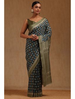 Soch - Womens Olive Art Silk Floral Printed Saree with Unstitched Blouse