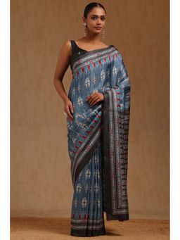Soch - Womens Blue Art Silk Warli Printed Saree with Unstitched Blouse