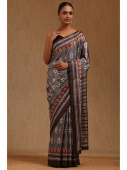Soch - Womens Grey Art Silk Warli Printed Saree with Unstitched Blouse