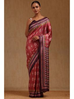 Soch - Womens Onion Pink Art Silk Warli Printed Saree with Unstitched Blouse