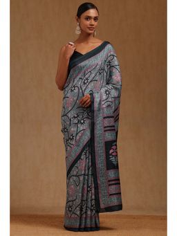 Soch - Womens Blue Art Silk Floral Printed Saree with Unstitched Blouse
