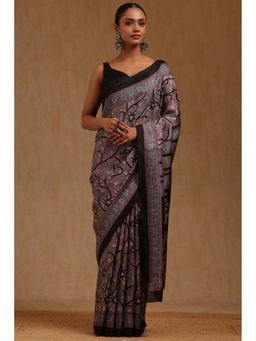 Soch - Womens Brown Art Silk Floral Printed Saree with Unstitched Blouse