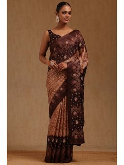 Soch - Womens Brown Art Silk Bandhani Printed Saree with Unstitched Blouse