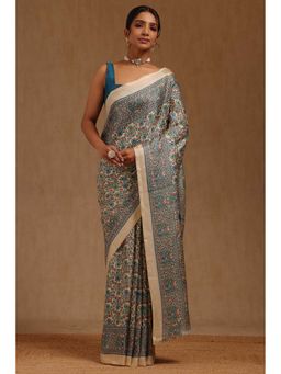 Soch - Womens Turquoise Blue Art Silk Floral Printed Saree with Unstitched Blouse