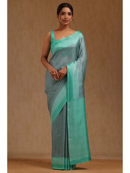 Soch - Womens Turquoise Blue Art Silk Floral Printed Saree with Unstitched Blouse