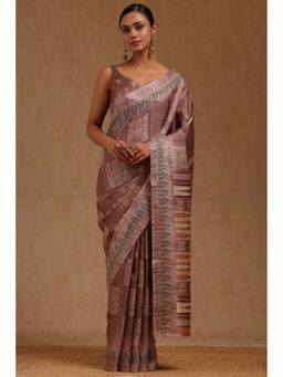 Soch - Womens Earth Art Silk Brown Floral Printed Saree with Unstitched Blouse