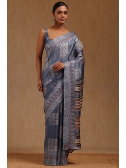 Soch - Womens Blue Art Silk Floral Printed Saree with Unstitched Blouse