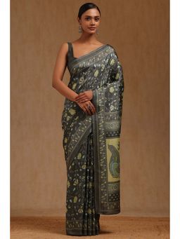 Soch - Womens Green Art Silk Madhubani Printed Saree with Unstitched Blouse