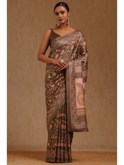 Soch - Womens Earth Art Silk Brown Madhubani Printed Saree with Unstitched Blouse