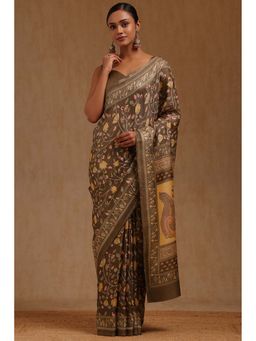 Soch - Womens Brown Art Silk Madhubani Printed Saree with Unstitched Blouse