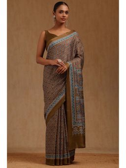 Soch - Womens Brown Art Silk Ethnic Motifs Saree with Unstitched Blouse