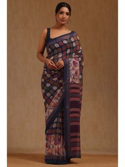 Soch - Womens Navy Blue Georgette Geometric Printed Saree with Unstitched Blouse