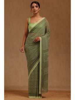 Soch - Womens Light Green Georgette Floral Printed Saree with Unstitched Blouse