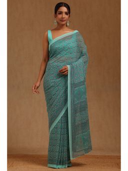 Soch - Womens Turquoise Blue Georgette Floral Printed Saree with Unstitched Blouse