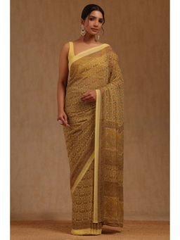 Soch - Womens Yellow Georgette Floral Printed Saree with Unstitched Blouse