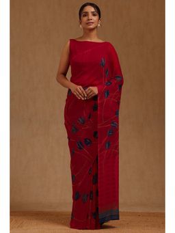 Soch - Womens Fuchsia Georgette Floral Printed Saree with Unstitched Blouse