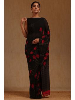 Soch - Womens Black Georgette Floral Printed Saree with Unstitched Blouse