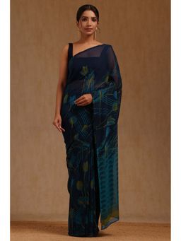 Soch - Womens Navy Blue Georgette Floral Printed Saree with Unstitched Blouse