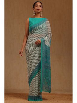Soch - Womens Teal Georgette Floral Printed Saree with Unstitched Blouse
