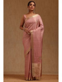 Soch - Womens Pink Tussar Saree with Unstitched Blouse