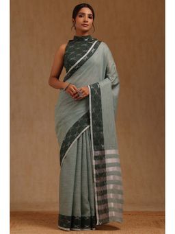 Soch - Womens Sap Green Linen Saree with Unstitched Blouse