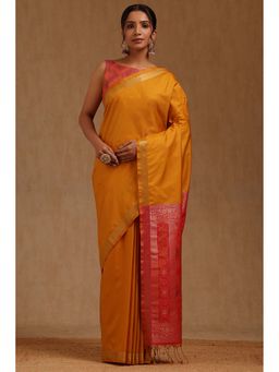 Soch - Womens Mustard Silk Blend Handloom Saree with Unstitched Blouse