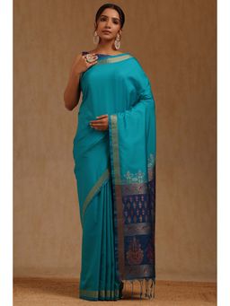 Soch - Womens Turquoise Blue Silk Blend Saree with Unstitched Blouse