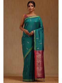 Soch - Womens Teal Soft Silk Zari Woven Saree with Unstitched Blouse