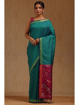 Soch - Womens Teal Silk Blend Saree with Unstitched Blouse