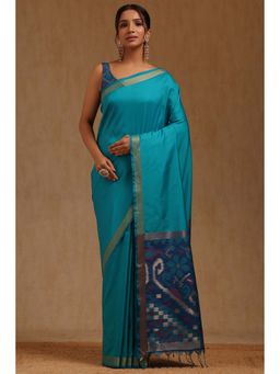 Soch - Womens Turquoise Blue Silk Blend Saree with Unstitched Blouse