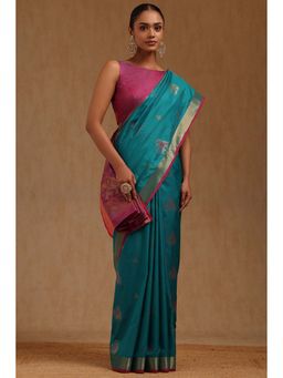 Soch - Womens Turquoise Blue Silk Blend Woven Design Saree with Unstitched Blouse