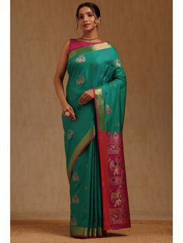 Soch - Womens Green Silk Blend Woven Design Saree with Unstitched Blouse
